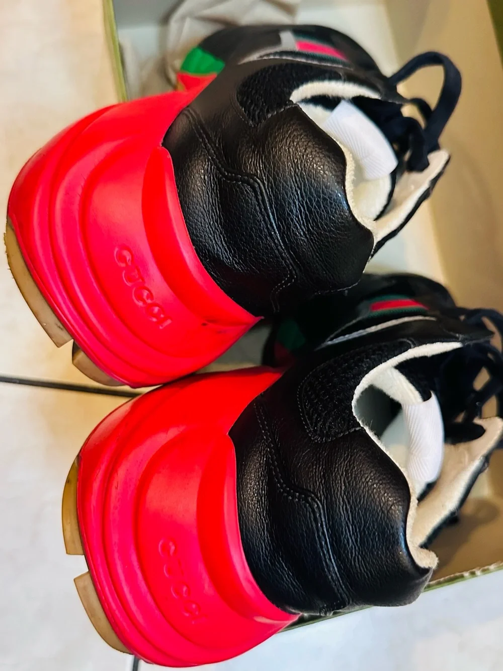 Gucci Black Sneakers with Red & Green Stripe and Red Soles